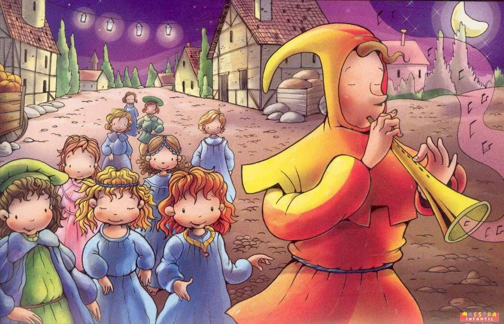 O Flautista de Hamelin em traje vermelho e amarelo tocando flauta dourada enquanto crianças em roupas coloridas o seguem em uma cidade medieval ao anoitecer