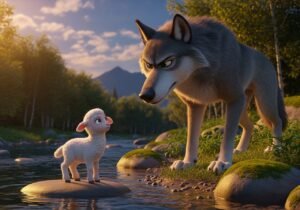 Lobo cinzento olhando para um pequeno cordeiro branco em uma paisagem natural com rio, rochas e montanhas ao fundo ao entardecer