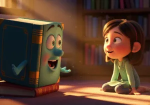 Um livro conversando com uma menina